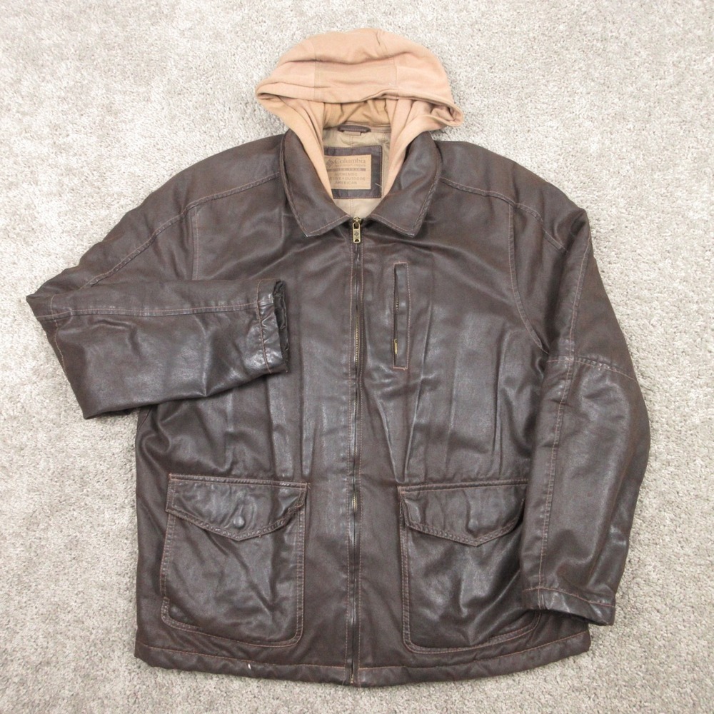Columbia Jacket Mens Large Brown Outdoor Faux Leather Outdoor Utility Hoodie